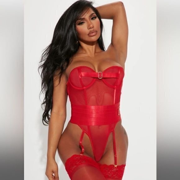 Forplay Honey Please Buckle Mesh Garter Teddy -‎ Red Size M REFNB - Picture 2 of 8